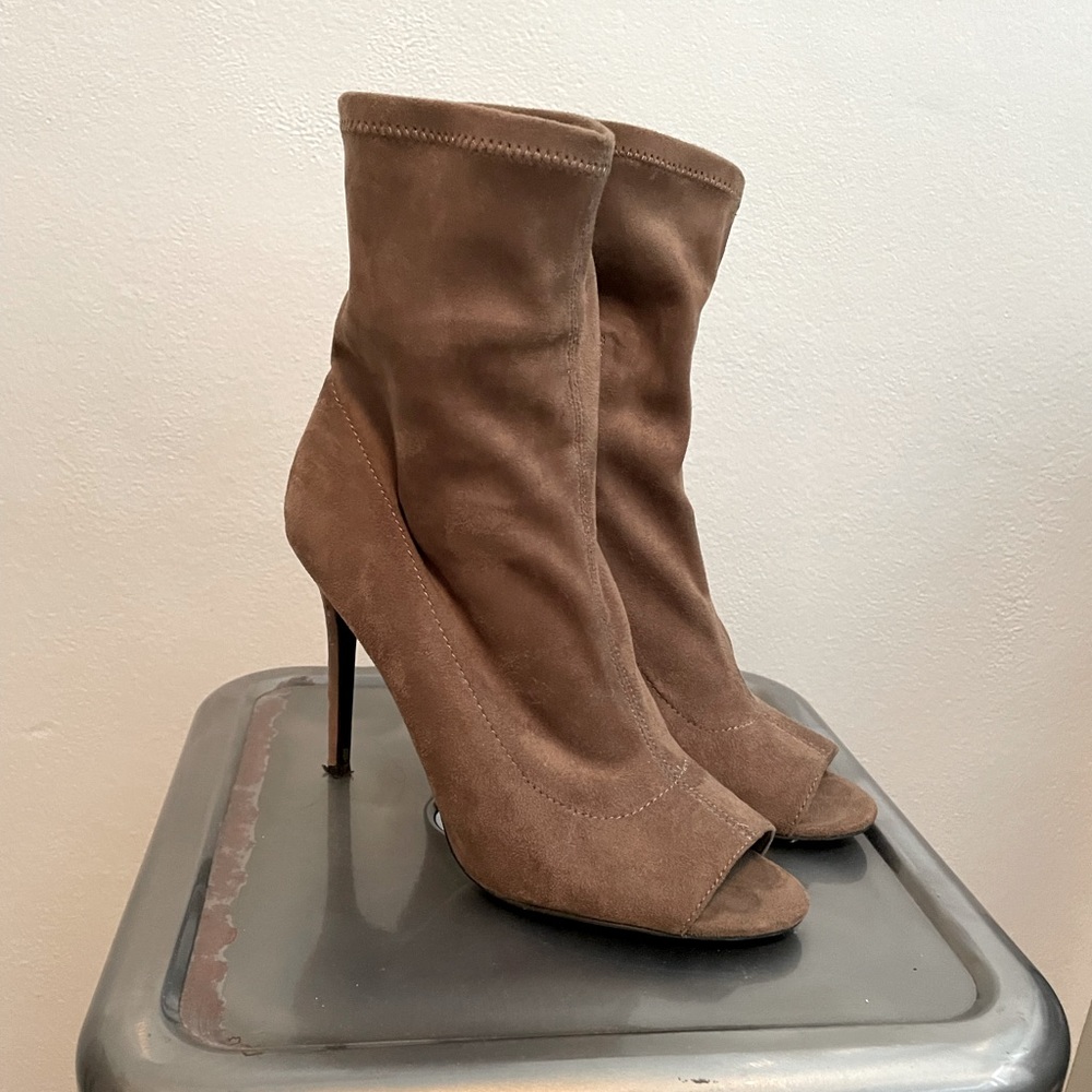 Aldo tan/ brown open toe suede like sock boot.